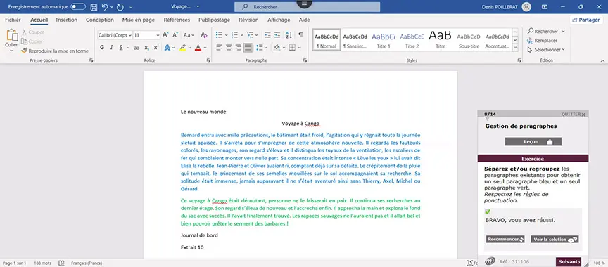 Capture d'écran d'un exercice MEDIAplus sur Word