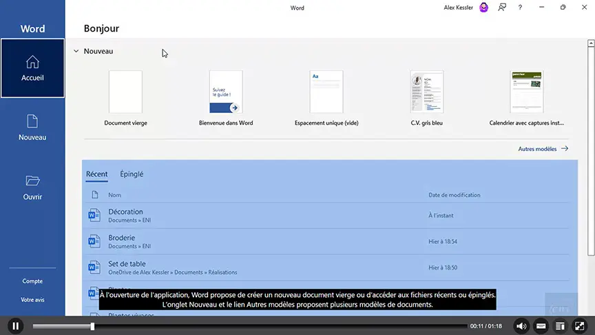 Capture d'écran d'une vidéo MEDIAplus sur Word